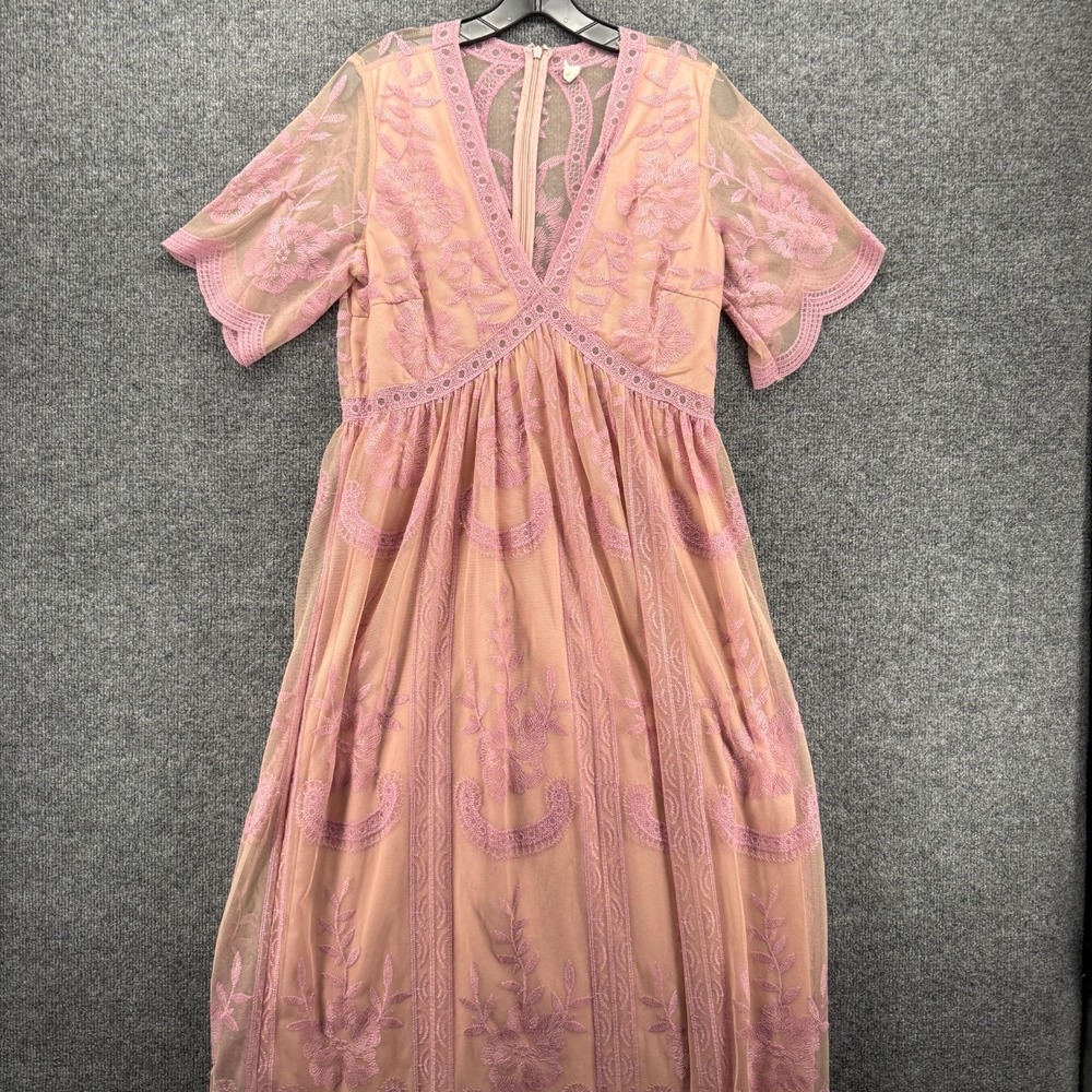 Pink Blush Dress Womens L Pink Lace V-Neck Fairy Feminine Whimsical Romantic